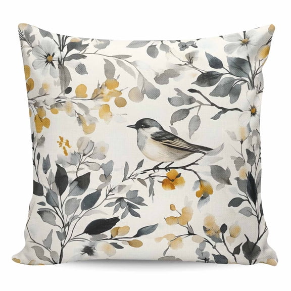 Throw Pillow Covers 20x20 Inch, Vintage Botanical Decorative Pillow Cases for Couch Sofa Bed, Yellow Grey Spring Floral Birds Cotton Linen Square Home Decor Pillowcases with Hidden Zipper