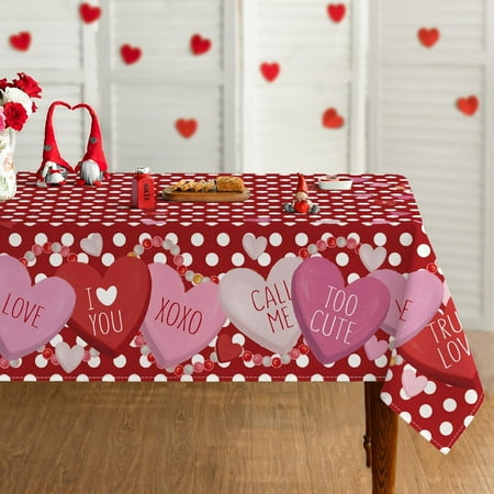 

Valentine s Day Tablecloth 60×60 Inch Square Candy Love Hearts Dots Red Washable Table Cover for Party Picnic Dinner Decor