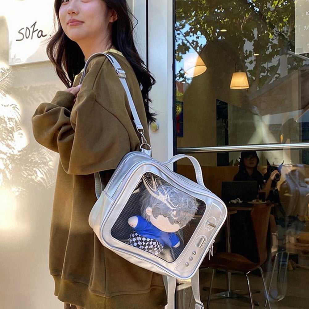 Slccxzc Silver TV Design Ita Bag PU Leather Pin Display Backpack Crossbody Shoulder Bag