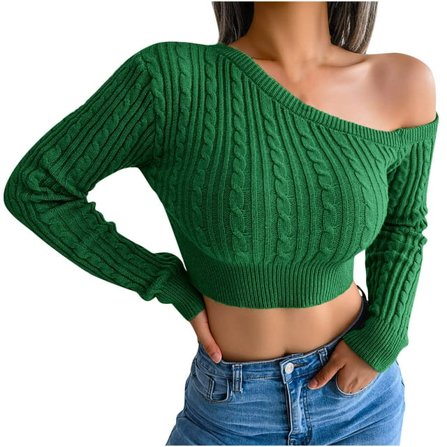 IROINID Women's Knit One-Shoulder Pullover Sweater Solid Color Comfy Cropped Long Sleeve Knit Sweater