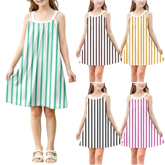 YHAJDS Big Girls Sleeveless Dress Solid Stripe Print Cami Tank Sundress