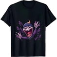 thumbnail image 2 of Women's Cotton Short Sleeve T-Shirt with Cartoon Character Design: Dark Blue Horn and Playful Laugh Surrounded by Purple Leaves and Stars, 2 of 6