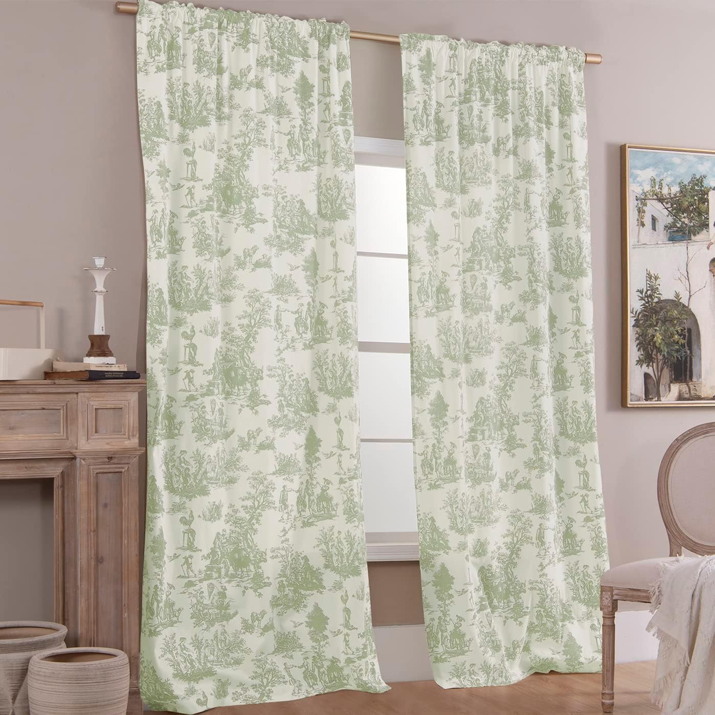 Sage Green Curtains 84 Inch Length for Living Room 2 Panels Set Spring Country Scenic Design Toile Floral Print Pattern Darkening Light Filtering Window Drapes for Bedroom Dining Room,84 Inches Long