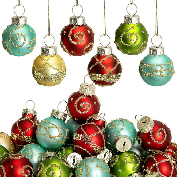 Ebaokuup 24 Pcs Christmas Mini Multi Color Balls Glass Ornaments, 1" Mini Vintage Glittering Ball Hanging Ornaments for Tree, Red Green Gold Blue Glass Small Ball Tree Decoration for Xmas Home Decor