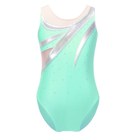 Yeahdor Kids Girls Sheer Mesh Patchwork Leotard Metallic Cutout Back Dance Gymnastics Bodysuit