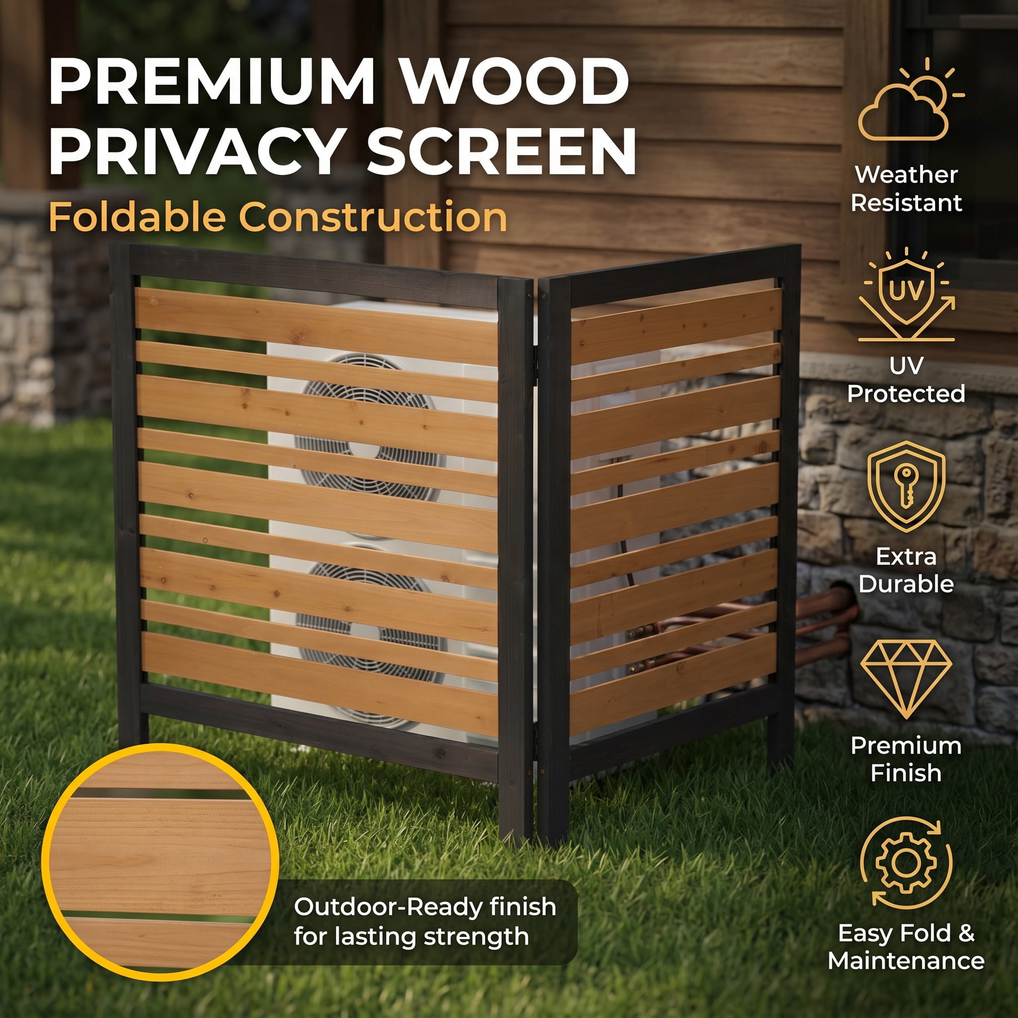 Outdoor Wood Privacy Fence 2-Panel 38W x 42H, Solid Wood Air Conditioner Screen with Slat Spacing for AC Unit Trash Can Pool Pump Enclosure, Black and Gold