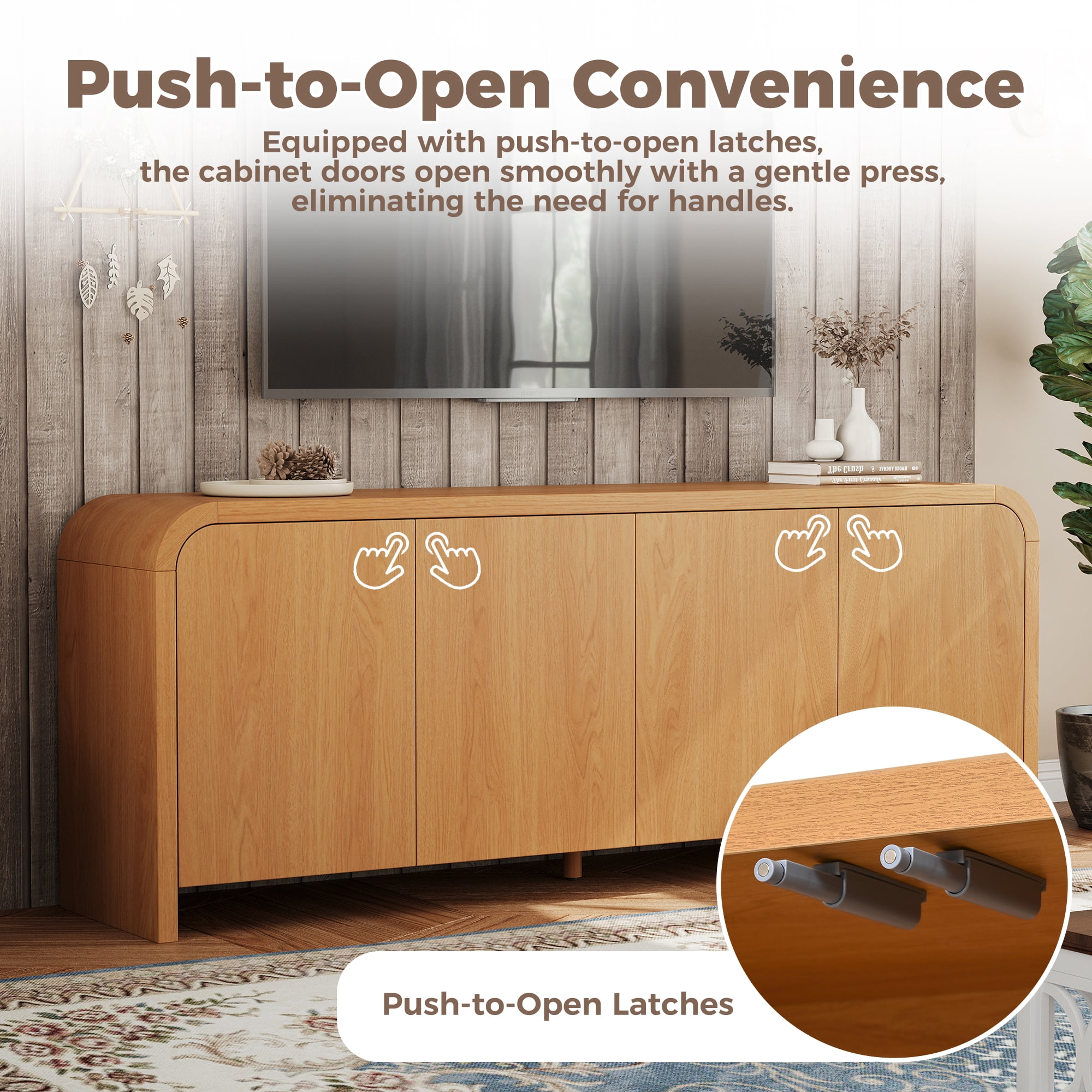 Aukfa Mid Century Modern TV Stand for TVs up to 70",Curved Design & Push-to-Open Doors, Natural