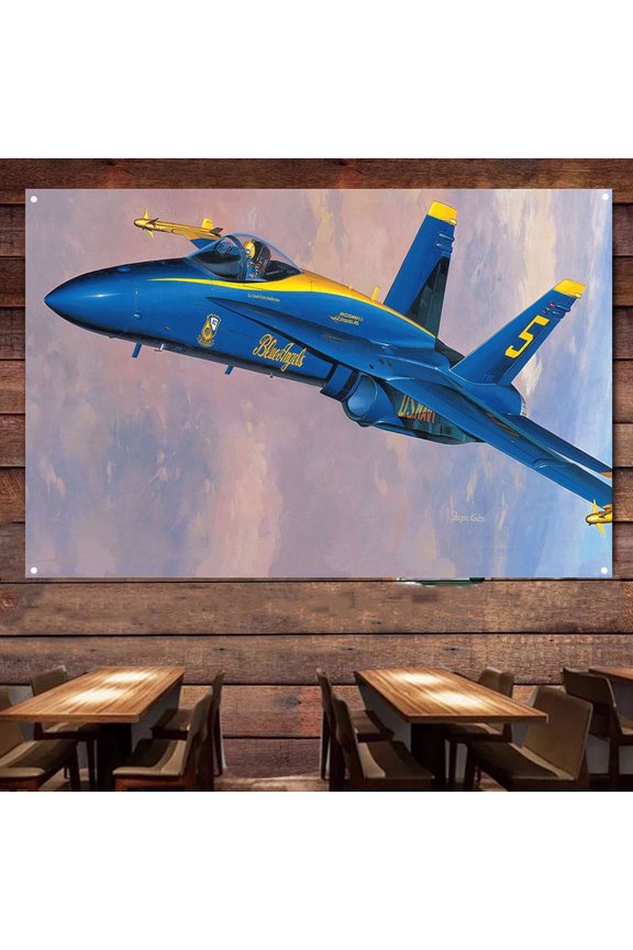 US Navy Blue Angels F A-18A Hornet Airplane Banner & Flag - Military Wall Art Poster For Room Studio Bedroom - Attack Aircraft Canvas Print Art Work - Fighter Jet Wall Decoration 38" x 57"