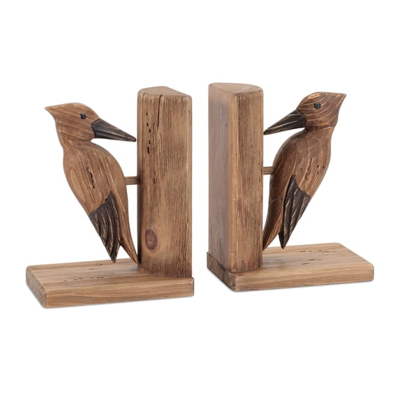Melrose Pine Wood Woodpecker Bookends - 8.75" - Brown - Set of 2