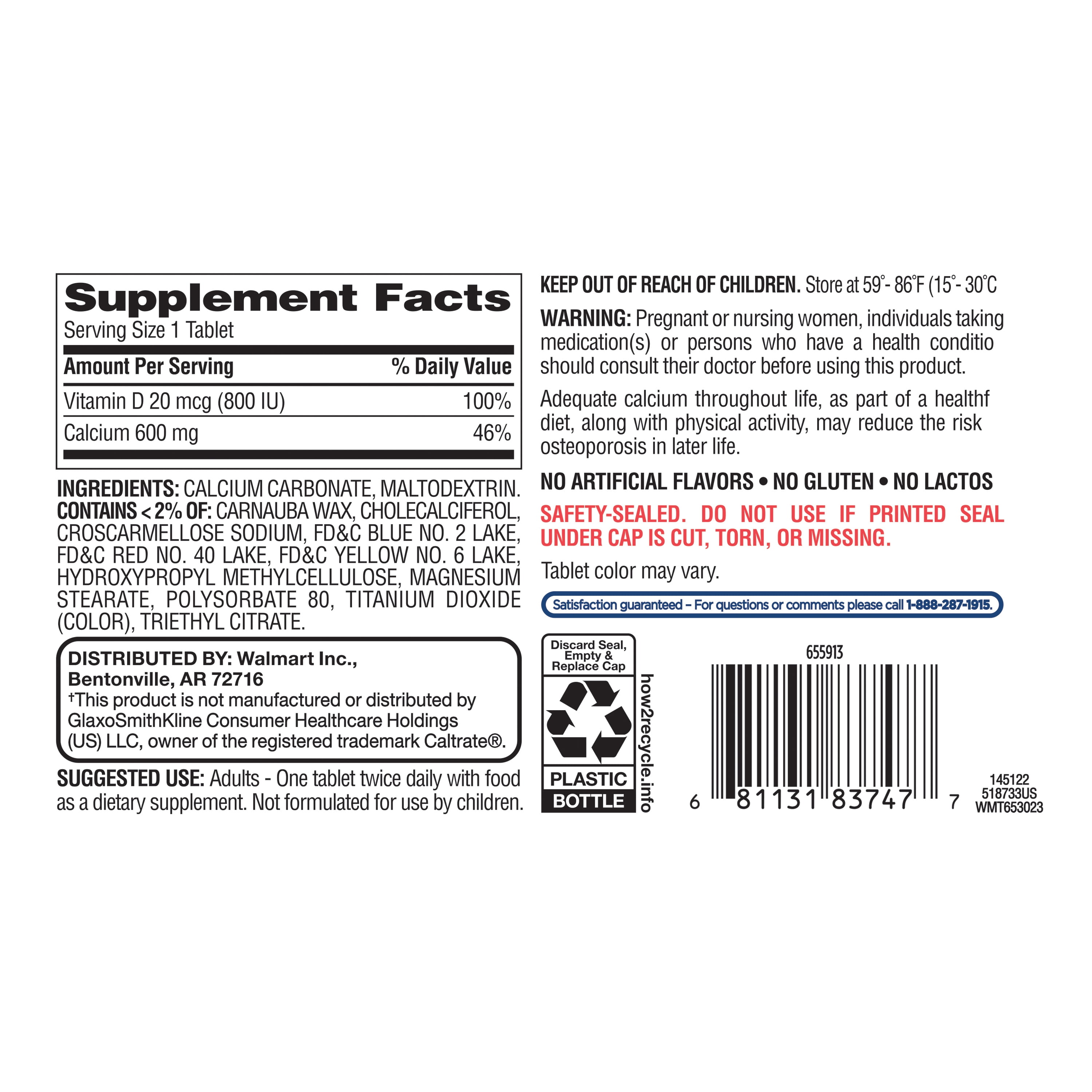 (3 pack) Equate Calcium + D3 Tablets Dietary Supplement, 600 mg, 120 Count, Compare to Caltrate® 600+D3