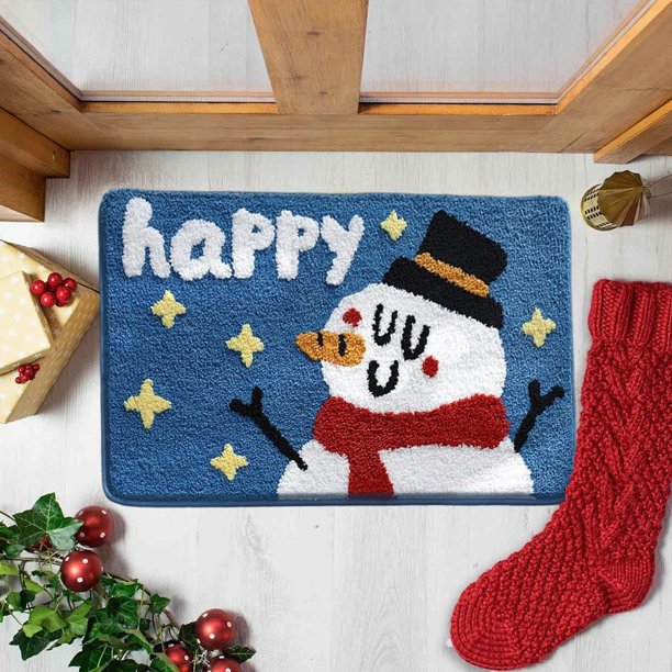 Alfombra Navideña de Bienvenida con Diseño de Hombre de Jengibre y Muñeco de Nieve, Azul, 40 X 60 Cm, para Decoración Interior y Exterior | Antideslizante | Alfombra Festiva y Acogedora | Regalo Navi