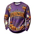 thumbnail image 2 of Men's Halloween Themed Sweatshirt Pumpkin Ghost Graphic Casual Vintage Long Sleeve Crew Neck T-Shirts Fall Winter Trendy Breathable Comfortable Top Purple L, 2 of 4