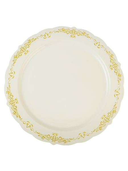 120 9" Dinner Plates Masterpiece Style Bone-Gold Rim Disposable Plastic 