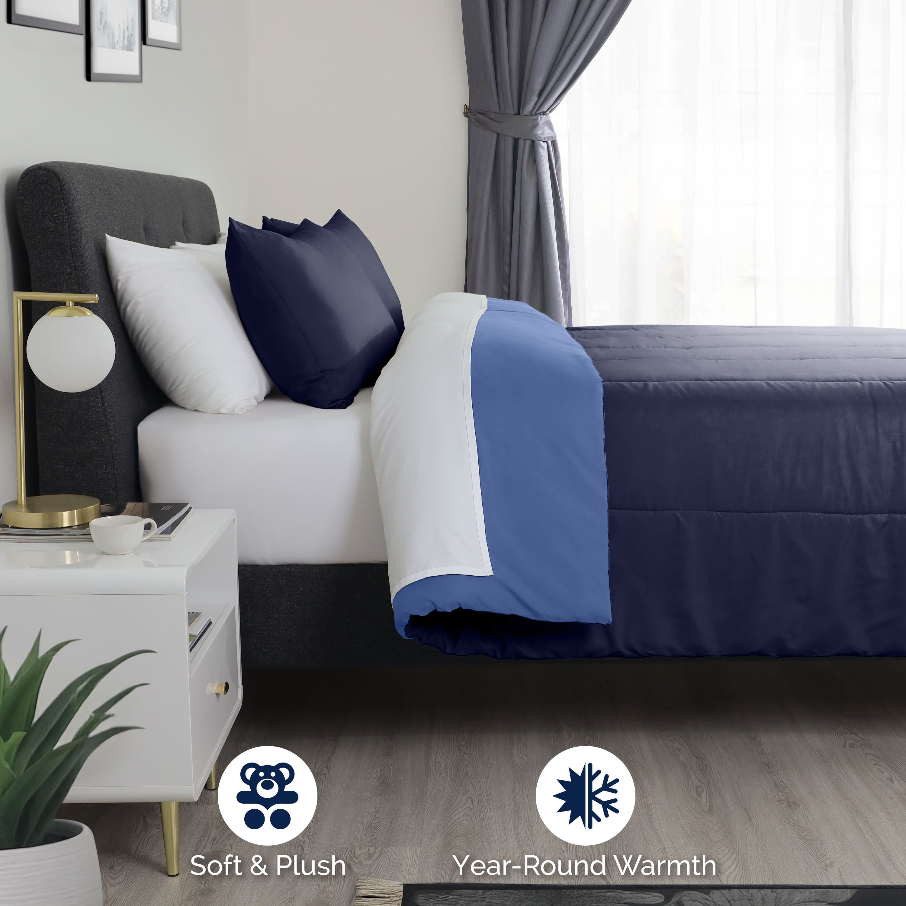 Martex 3-Piece Reversible Comforter Set, King, Super Soft Lightweight Microfiber Bedding Set, Navy/Ceil Blue