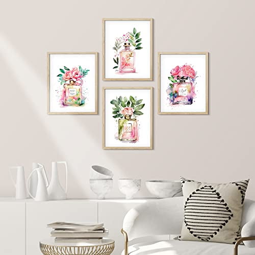 PixonSign Framed Wall Art Tropical Plant Fashion French Perfume Bottles Posters, Set of 4 Modern Stylish Pattern Illustrations, Preppy Room Adhesive Canvas Prints for Home Decor - 11"x14" Natural