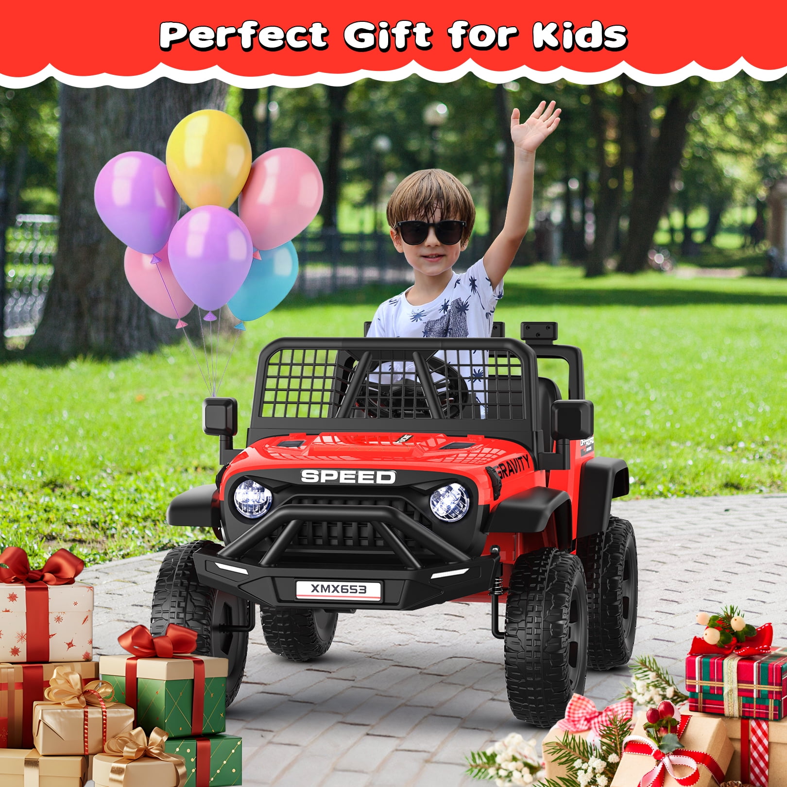 Funcid 12 Volt Ride on Toys for Toddlers Ride on Cars with Remote Control, Battery Powered Ride on Truck Car w/ Bluetooth Music, LED Lights, Spring Suspension, 3 Speeds, Red