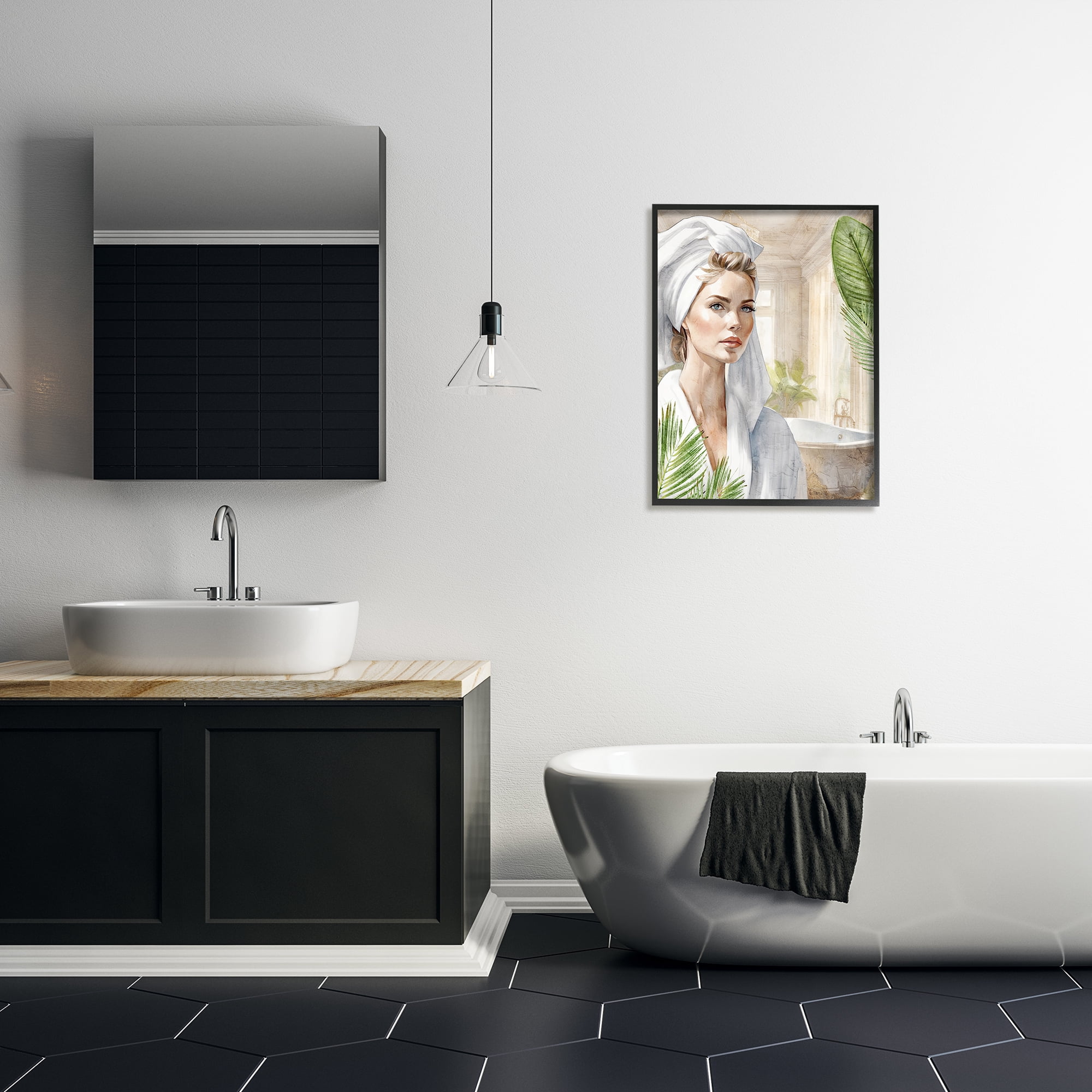 Stupell Industries Fashionista Bathroom Portrait Abstract Painting Black Framed Art Print Wall Art, 24 x 30