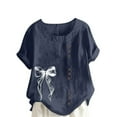 thumbnail image 2 of Xuyuer Women's Casual Linen Round Neck Printed Short Sleeve Button Blouse, Breathable Summer Top for Vacation Wear, Market Days and Relaxed Boho Style, 2 of 5