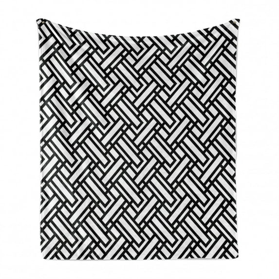 Black and White Soft Flannel Fleece Blanket, Monochrome Interlocking Stripes Pattern with Modern Abstract Inspirations, Cozy Plush for Indoor and Outdoor Use, 70" x 90", Black White, by Ambesonne