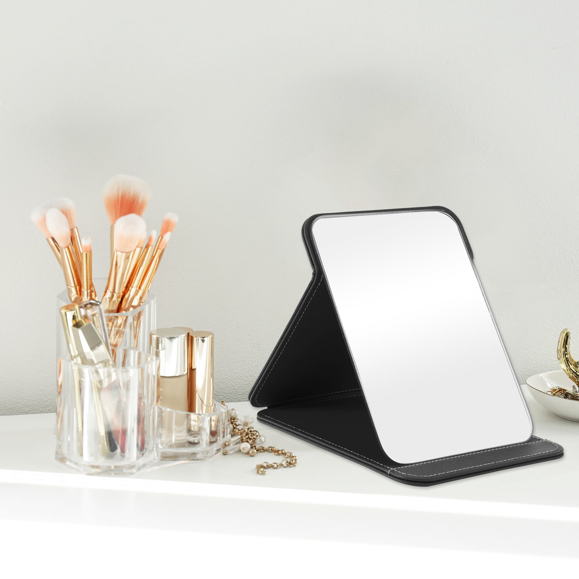 Unique Bargains 1pc Foldable Makeup Mirror for Travel and Vacation Black Large