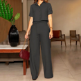 thumbnail image 2 of Wefads Two Piece Set Women Summer Casual Solid Lapel Single Breasted Button Short Sleeve Top With Belt Wide Legs Pants Set, 2 of 4