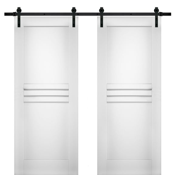 Modern Double Barn Door 64 x 80 inches / Mela 7444 White Silk / 13FT Rail Track Set / Solid Panel Interior Doors
