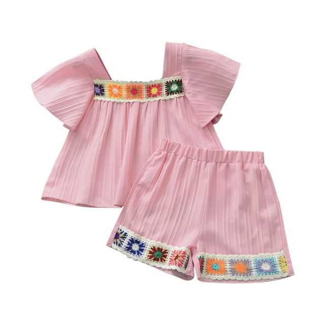 JDQJBZ Girls Summer Outfits, Girls Cotton Ruffle Tank Top and Shorts Set, ChildreGirls' Set New Square Collar Fly Sleeve Embroidered Flower T-shirt Short Two-piece Set Children's Clothing