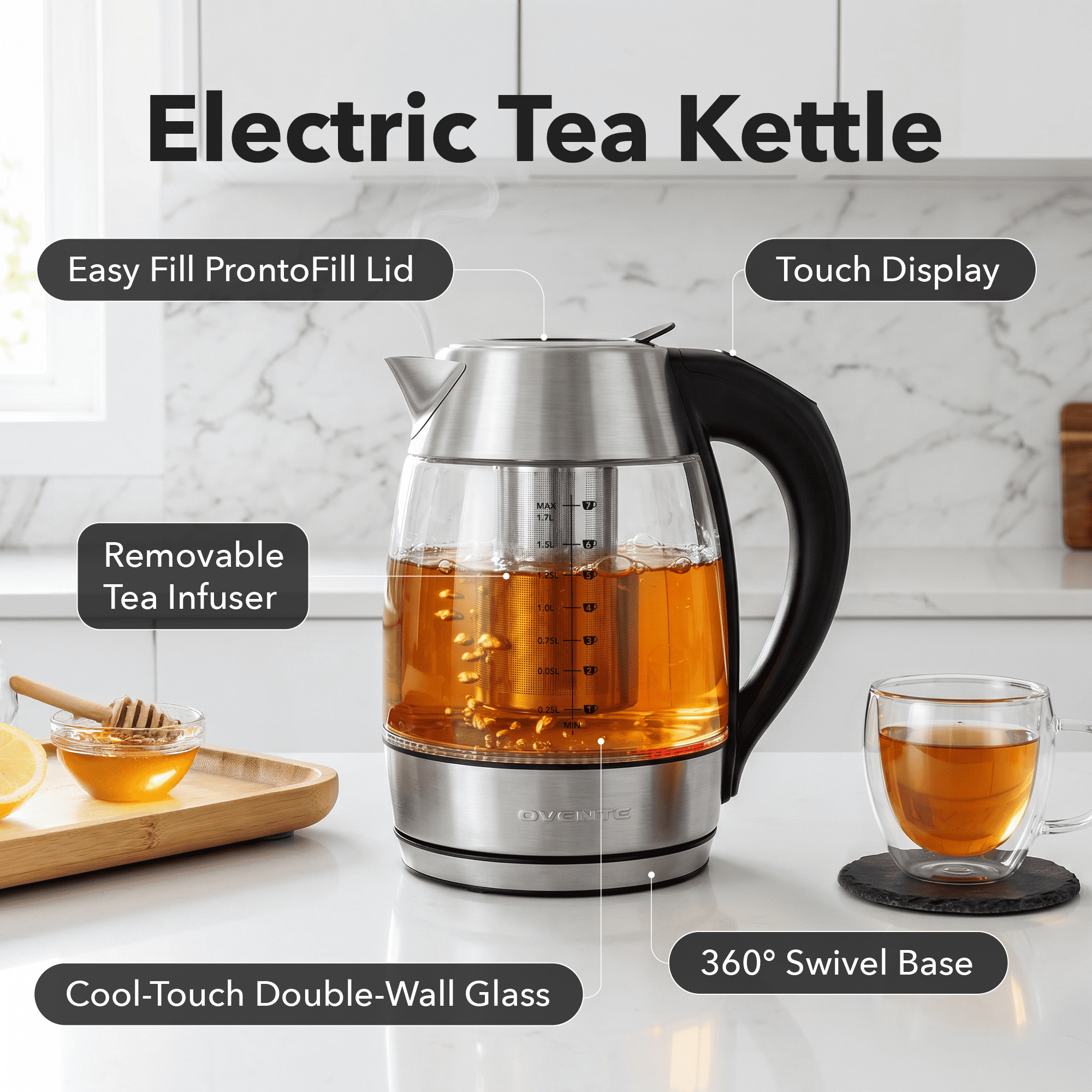 OVENTE 1.7L Glass Electric Kettle with Tea Infuser, Silver KD68S | 1500W Fast Boiling, Easy Fill Lid, 7 Temperature Control, Borosilicate Glass, Keep Warm, Auto Shut-Off, Boil-Dry Protection