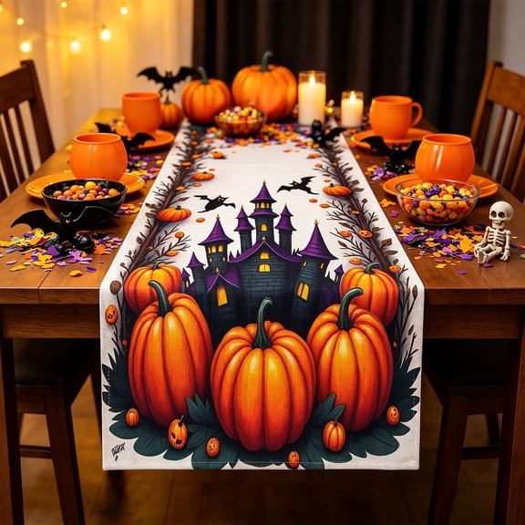 Halloween Pumpkin Table Runner, 100% Linen Dining Table Cloth, Festive Fall Party Decoration Fabric, Farmhouse Home Decor