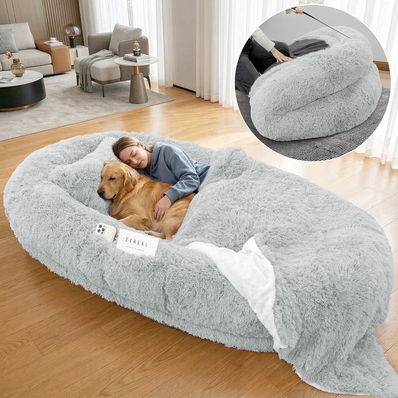 71 x 45 x 12inches Human Dog Bed Fits Adult 10 CM Thick Memory Foam Washable Oversize Dog Bed with Plump Pillow and Blanket and Strap（Grey)