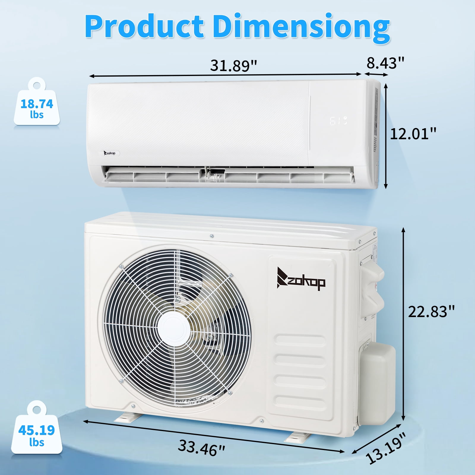 Ktaxon 9000BTU/19SEER2 Split Air Conditioner With Cooling/Heating 9000BTU Dehumidification Energy Saving Wall Split Unit White