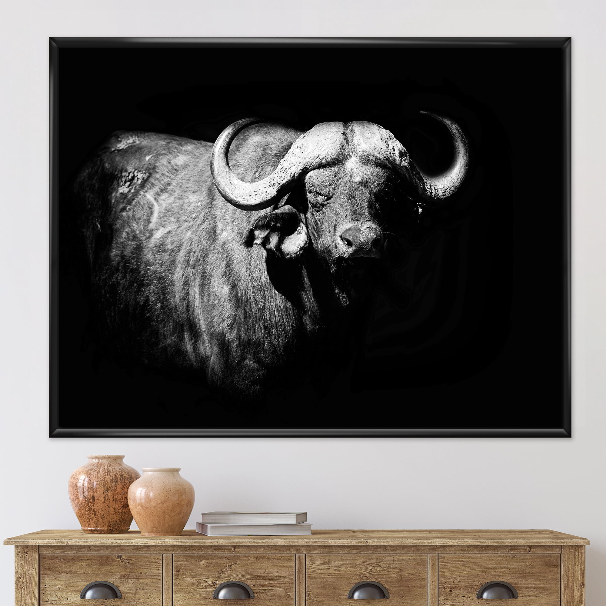 Designart 'Black and White Portrait Of Buffalo I' Farmhouse Framed Canvas Wall Art Print