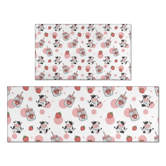 Pink Cow Strawberry Jar Pattern Kitchen Rugs Sets Of 2,Anti Fatigue Kitchen Mat Rugs Non Slip Washable,Decorative Kitchen Floor Mats for Kitchen,Sink,Laundry,17"x30" 17"x47"