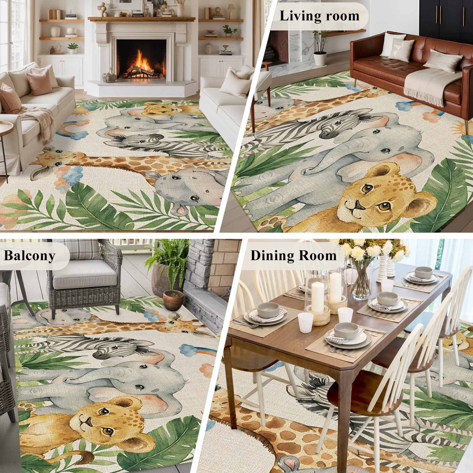 Cute Animals Area Rugs 6'x9', Washable Small Throw Rugs for Kitchen Dining room, Rustic Summer Botanical Palm Leaves Indoor Outdoor Rug Non-Slip Low Pile Carpet Runner Reversible Floor Mats