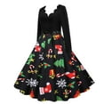 thumbnail image 3 of Christmas Dresses Women Christmas Print Dress V-Neck Christmas Dress with A Pleated Hem and Belt Long Sleeve, 3 of 7