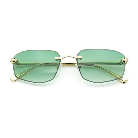 Gangster Rimless Geometric Narrow Rectangle Jaguar Hustler Sunglasses Gold - Green