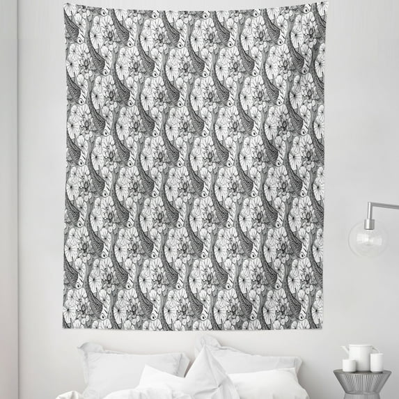 East Tapestry, Sketch Style Lotus and Carp Koi Fish Japanese of Friendship Monochrome, Fabric Wall Hanging Decor for Bedroom Living Room Dorm, 5 Sizes, Grey Black White, by Ambesonne