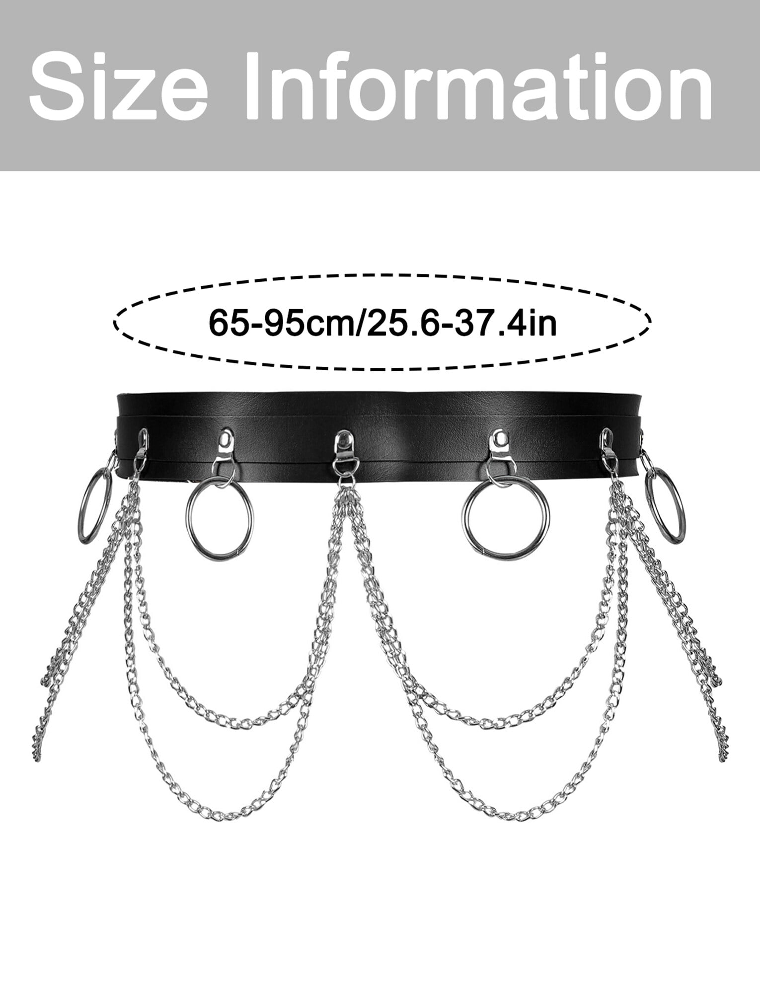 Punk Goth Black Faux Leather O-Ring Chains Harness Waist Belt |  M-XL NWT O-rings Leather Belt - Alternative main image 2