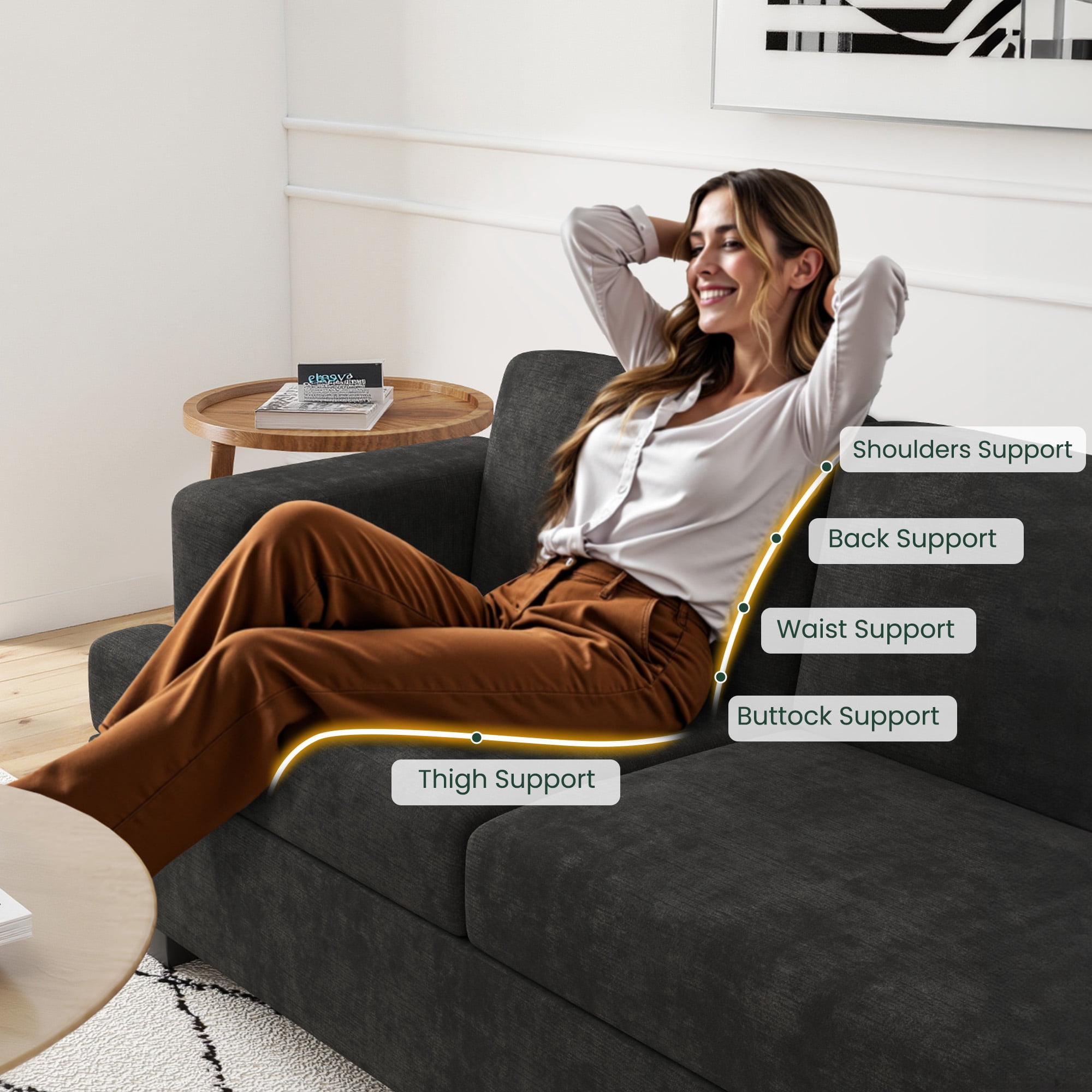 YOUDENOVA 89 Inch Sofa Couch, Modern 3-Seater Sofa for Living Room, Modern Sleeper Couches Deep Seat Sofa Lounge for Apartment, Black Chenille