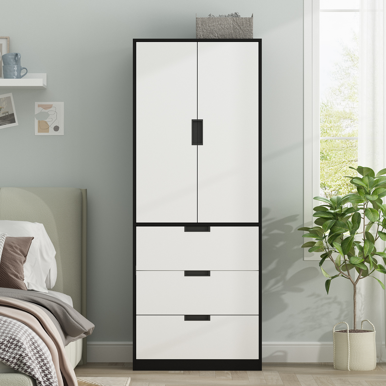 Hitow 2 Door Wardrobe Armoire with 3 Drawers and Telescopic Hanging Rod