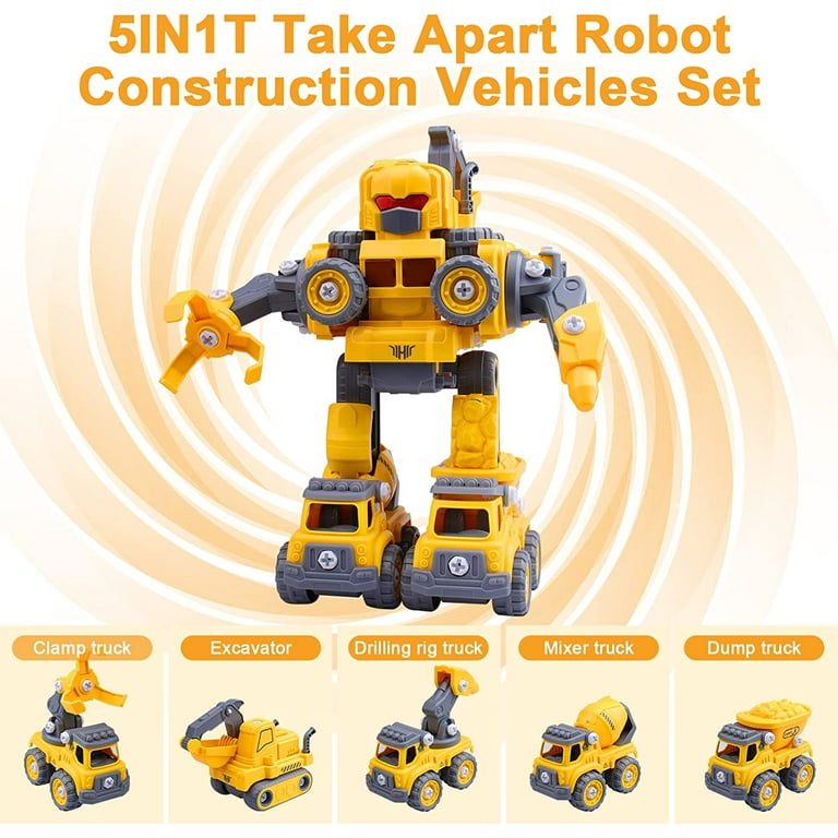 Toys for 4-7 Year Old Boys, 5 in 1 Take Apart Robot Toys for 5+Year Old Boy  STEM Toys Trucks Transform Robot Construction Boy Toys for 3-5 Year Old  Kids Birthday Xmas