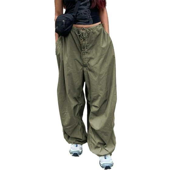 KOMOO Women Loose Cargo Pants Elastic Waist Tie-Up Pockets Wide Leg Sweatpants Jogger Trousers