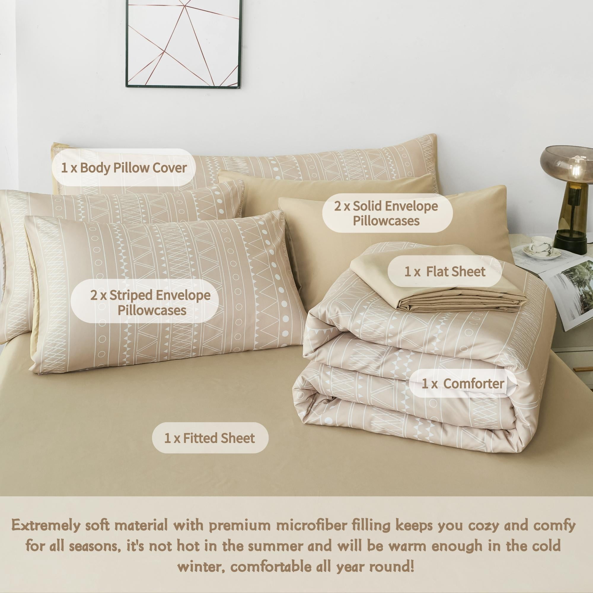 RYNGHIPY Full Stripe Bed in a Bag 8-Piece Bohemian Taupe Comforter Sets for Kids Fluffy Geometric Beige Bedding Sets for All Season, Full
