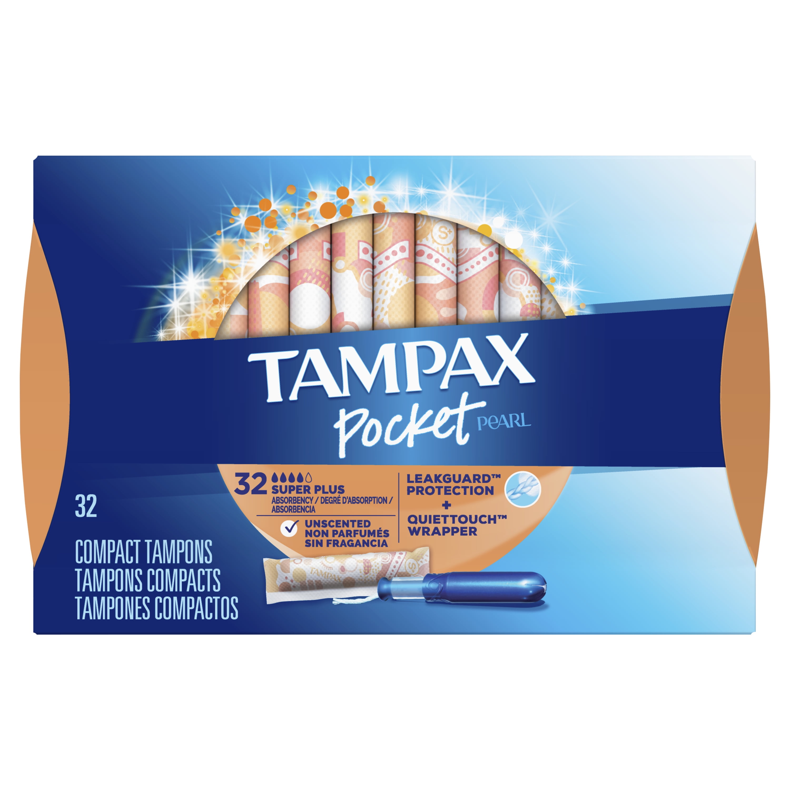 Tampax Pocket Pearl Tampons, Unscented, Super Plus Absorbency, 32 ct