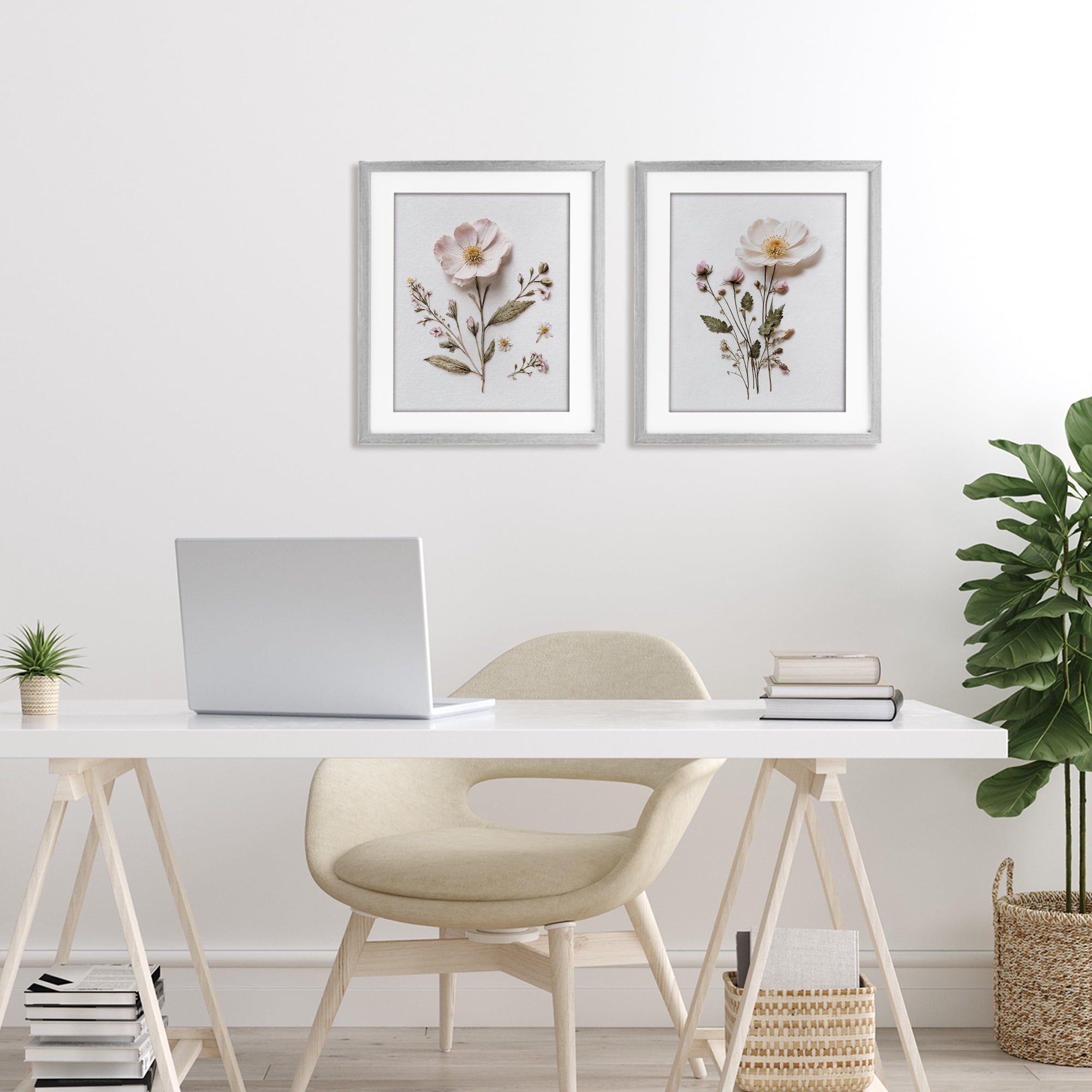 Minimal Pressed Flowers 2 Piece Gray Framed Print Under Glass Set, design by Lettered and Lined