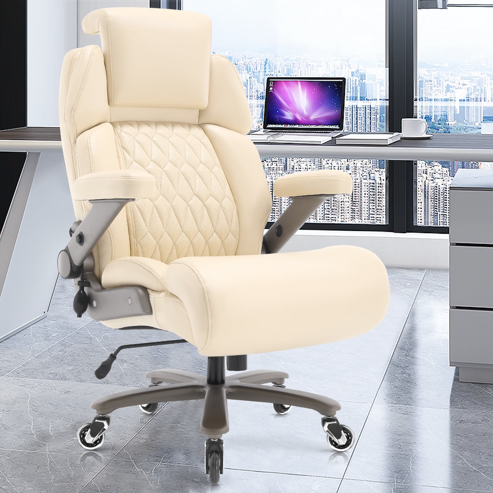 WOSDOM 700lbs Big and Tall Office Chair, Heavy Duty Executive Chair, Extra Wide Seat, Adjustable Headrest and Lumbar Support, 3D Flip up Arms, Beige