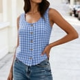 thumbnail image 4 of Women Plaid Tank Top Summer Business Casual Sleeveless Button Down Shirts Slim Fit Gingham Tops Blue, 4 of 6