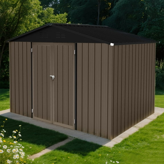 YIYADO 8ft×6ft outdoor Metal sheds, storage sheds for garden with window, Brown   Black