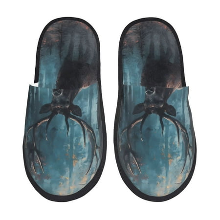 Balery Mystical Forest Elk Slient Indoor Furry Fleece Comfort House Shoes Soft Non-Slip Home Shoes Cotton slippers House Slippers-- Large