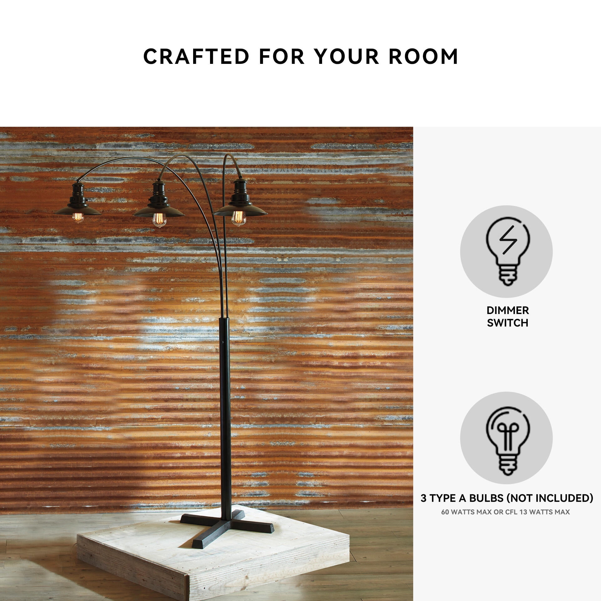 Signature Design by Ashley Sheriel Metal Arc Floor Lamp, Black, Adjustable 3-Light Floor Lamp with Dimmer Switch